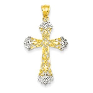 14k w/Rhodium Diamond-cut Cross Pendant