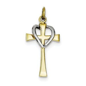 Sterling Silver Rhodium-plated & Vermeil Polished Cross & Heart Pendant