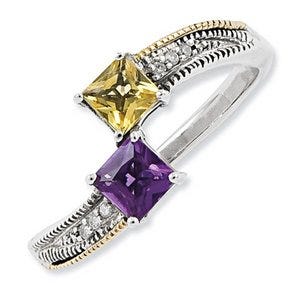 Sterling Silver & 14k Two-stone  Antiqued Mother's Ring