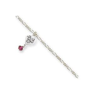 Sterling Silver Antiqued Dark Pink Crystals Dangling Hearts Anklet