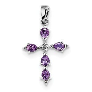 Sterling Silver Rhodium Pear Amethyst Cross Pendant