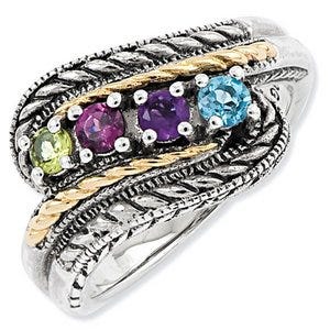 Sterling Silver & 14k Four-stone  Antiqued Mother's Ring