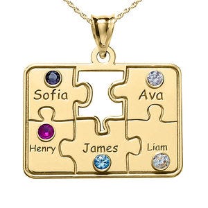 Personalized Family Five Piece Jigsaw Puzzle Pendant w/ Names & Birthstones- Includes 18 Inch Chain