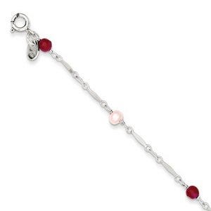 Sterling Silver Cultured Pearl & Strawberry Quartz Beaded Anklet
