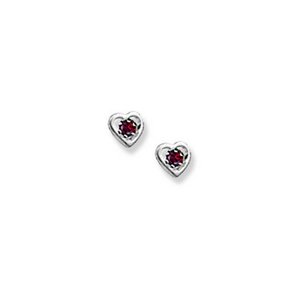 14K  White Gold Child's Genuine Garnet "Heart" Birthstone Earrings