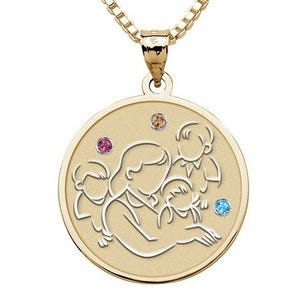 Mother with Three Sons - Round Pendant with Birthstones