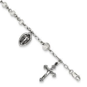 Sterling Silver  Round Flute Rosary Bracelet /with Miraculous Medal - 7 Inch Sterling Silver Rosary Bracelet