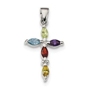 Sterling Silver Rhodium-plated Multi-Color CZ Cross Pendant