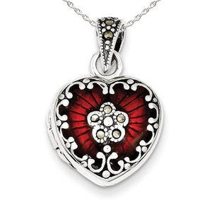 Sterling Silver Red Enamel & Marcasite Heart Photo Locket