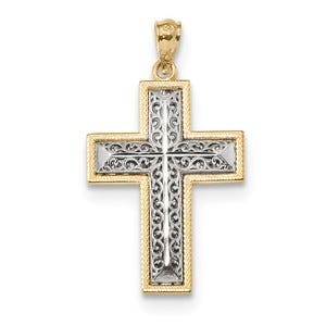 14k Two-tone Polished Filigree Cross Pendant
