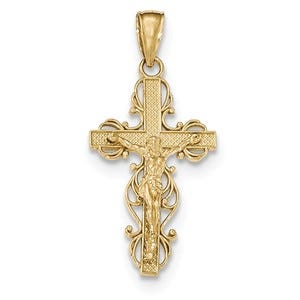 14K Gold Polished Crucifix w/lace Trim Pendant