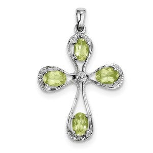 Sterling Silver Rhodium Peridot & Diamond Cross Pendant