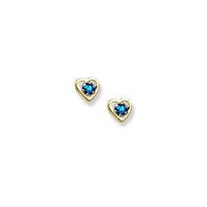 14K Yellow Gold Child's Genuine Blue Zircon Birthstone Heart Earrings