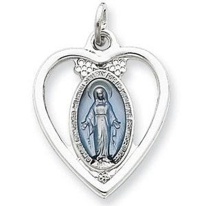 Sterling Silver Heart Shaped Cut-Out Miraculous Religious Medal Pendant w/ Epoxy Resin