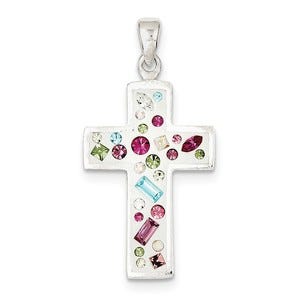 Sterling Silver Multi-Color Stellux Crystal White Cross Pendant