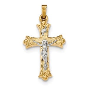 14k Two-Tone Textured and Polished INRI Crucifix Cross Pendant