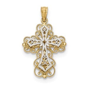 14k Y/W Gold Polished 2 Level Filigree Cross Pendant
