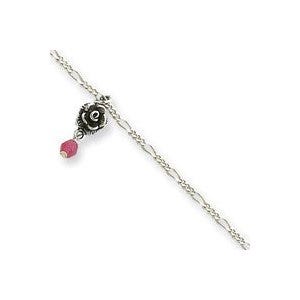 Sterling Silver Antiqued Strawberry Quartz & Roses Figaro Anklet