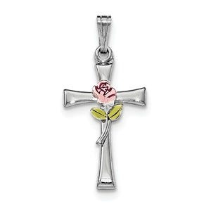 Sterling Silver Rhodium-plated Cross with Epoxy Rose Center Pendant