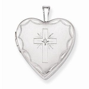 14k White Gold Cross Heart Photo Locket with Diamond