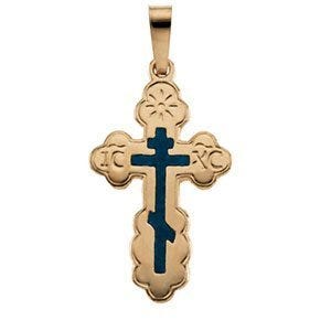 14K YELLOW GOLD ORTHODOX CROSS PENDANT W/BLUE INLAY