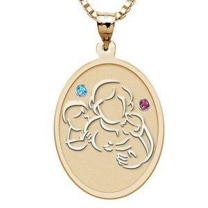 Mother with Son Daughter - Oval Pendant with Birthstones
