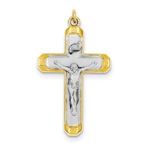 Sterling Silver Rhodium-plated Satin/Polished Vermeil Corpus Cross Pendant