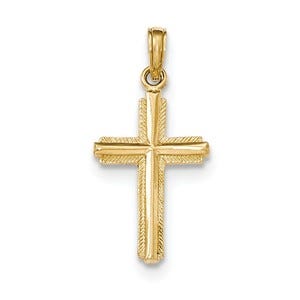 14K Gold Polished Cross With Stripped Border Pendant