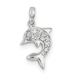Sterling Silver Polished Dolphin w/ CZ Pendant