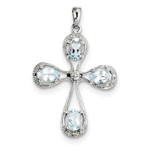Sterling Silver Rhodium Aqua & Diamond Cross Pendant