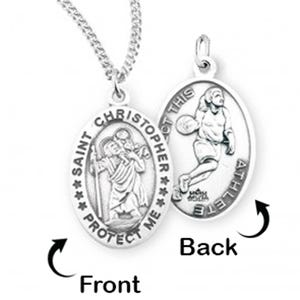 Sterling Silver Saint Christopher Double Sided Female Basketball Oval Religious Medal w/ Chain