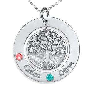Personalized Round Family Tree Pendant with Two Birthstones & Names- Includes 18 Inch Chain