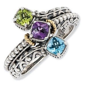 Sterling Silver & 14k Three-stone  Antiqued Mother's Ring