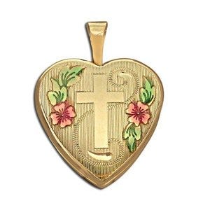 14k Gold Filled Small Cross Heart Photo Locket - 2/3 inch x 2/3 inch