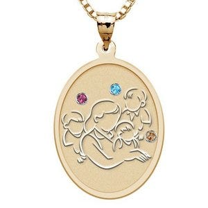 Mother with Three Sons Oval Pendant - with Birthstones