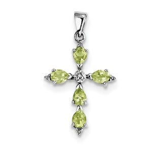 Sterling Silver Rhodium Pear Peridot Cross Pendant