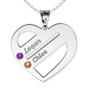 Personalized Heart Family Pendant with 2 Birthstones & Names- Includes 18 Inch Chain
