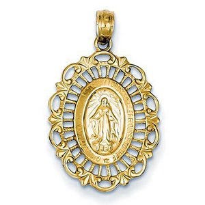 14K Yellow Gold Medium Scalloped Oval Miraculous  Medal Cut-Out Pendant