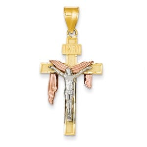 14K Tri-color Diamond-cut Small Draped INRI Crucifix Pendant