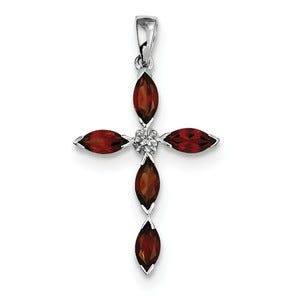 Sterling Silver Rhodium Garnet & Diamond Cross Pendant