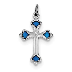 Sterling Silver Rhodium-plated Blue Enameled Budded Cross Charm