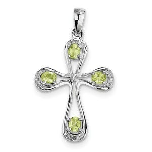 Sterling Silver Rhodium Peridot & Diamond Cross Pendant