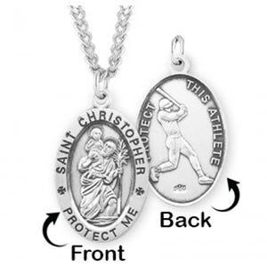 Sterling Silver Saint Christopher Double Sided Baseball Oval Religious Medal w/ Chain