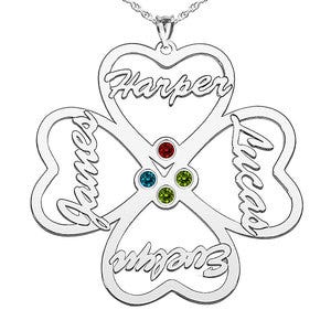 Personalized Heart Cut-Out with Pendant With Four Birthstones & Names- Includes 18 Inch Chain