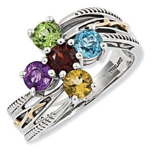 Sterling Silver & 14k Five-stone  Antiqued Mother's Ring