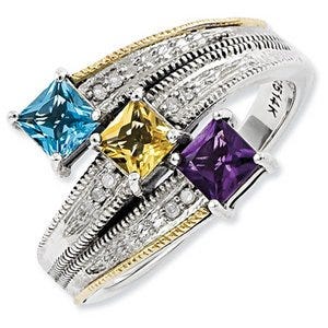 Sterling Silver & 14k Three-stone  Antiqued Mother's Ring