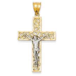 14K Two-tone D/C Large Block Filigree Cross w/Crucifix Pendant