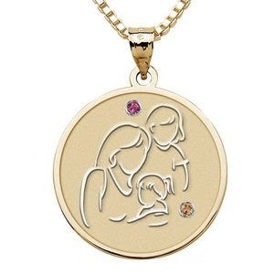 Mother with Two Daughters - Round Pendant Birthstone