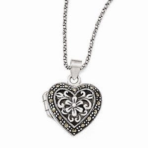 Sterling Silver Marcasite Heart Photo Locket w/ 18" Chain Necklace