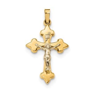 14k Two-tone Polished Fleur de Lis INRI Crucifix Pendant